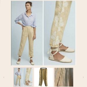 Anthropologie Linen Lace Pants Medium Mustard Yellow Striped Relaxed Pull On